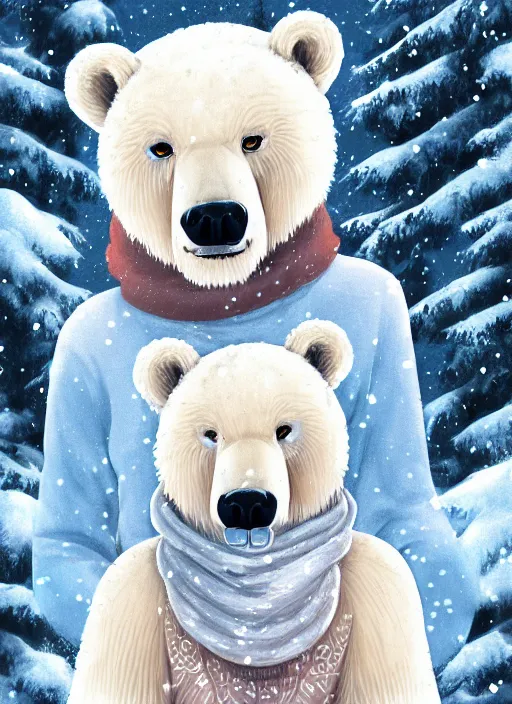 Prompt: character portrait of a female anthro polar bear fursona and a cute beautiful attractive detailed furry face wearing stylish cute winter clothes in a cozy winter cabin. hidari, color page, tankoban, 4K, tone mapping, Akihiko Yoshida.