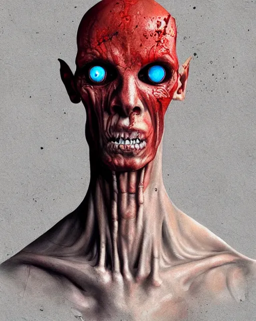 Image similar to Haunting horrifying hyperrealistic detailed painting of a tall slim flesh extraterrestrial creature made of concrete stone brick, covered in, heavy metal, disgusting, creepy, unsettling, and bloodshot eyeballs, hyper detailed, trending on Artstation