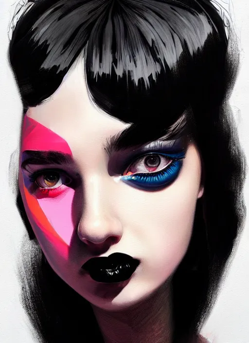 Image similar to portrait of a teen girl with a crooked nose and a confident expression, 1 9 6 0 s, black clothes, goth, punk, brightly coloured hair, funk, intricate, elegant, highly detailed, digital painting, artstation, concept art, smooth, sharp focus, illustration, art by wlop, mars ravelo and greg rutkowski