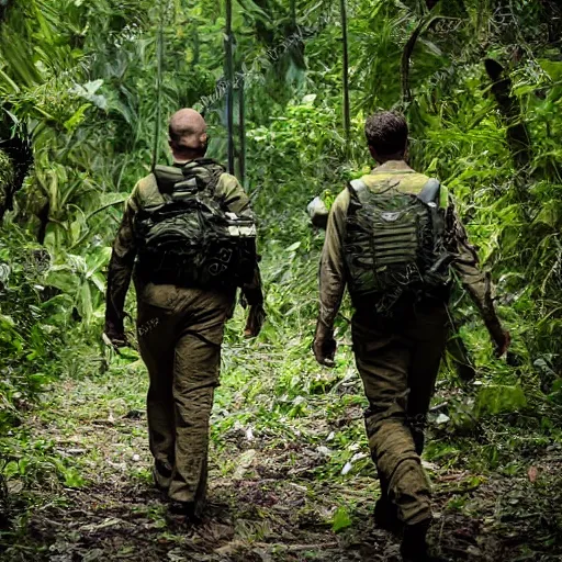 Prompt: annihilation atmosphere, two modern soldier is walking in the jungle