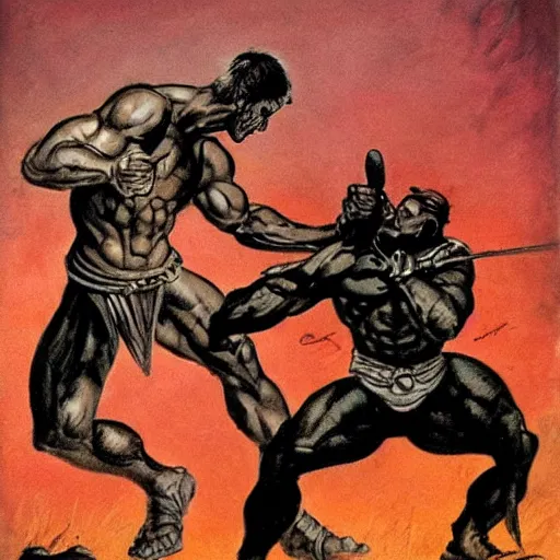 Prompt: Spartacus fighting a cyclops, in the style of frank frazetta