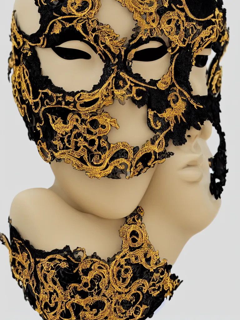 Prompt: a beautifully sculpted mannequin made of onyx with gold lace masquerade face mask, ornamented, opulent, kintsugi, confident, serene desert setting, innovative avant - garde art, photorealistic portrait, crisp quality and light reflections, clean linework, finely detailed, 4 k, rule of thirds, trending on artstation, volumetric lighting, octane render