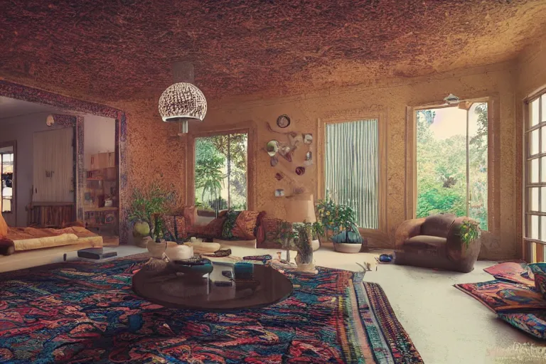 Prompt: a beautiful 7 0 s hippie pad, ornate waterpipes, lava lamps, ambient light, persian carpets, pillows, realistic, highly detailed, unreal engine, octane render,