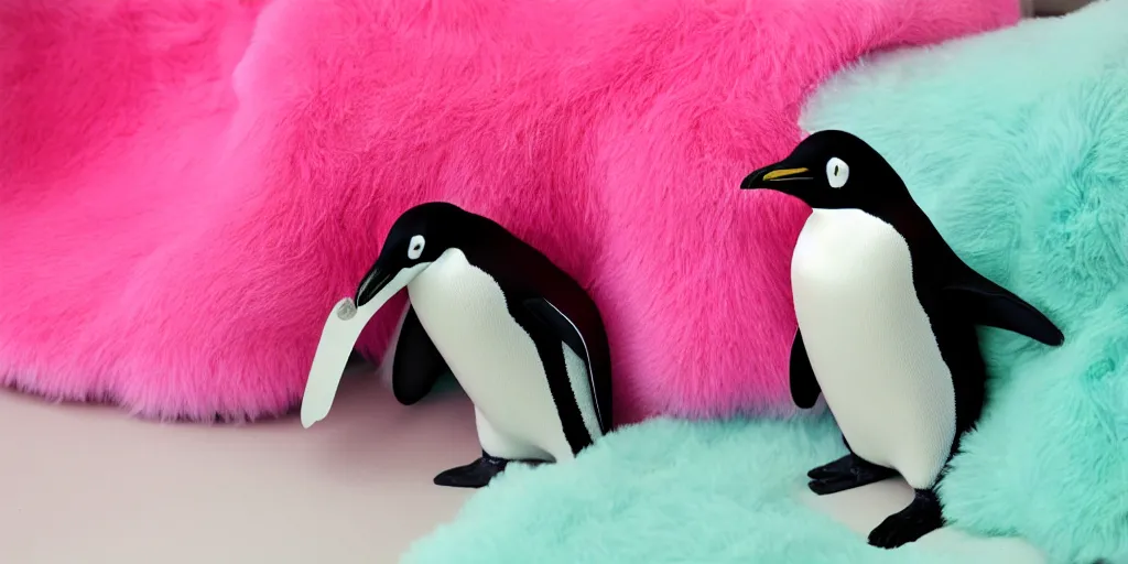 Image similar to realistic penguin sitting in an pink fluffy bed