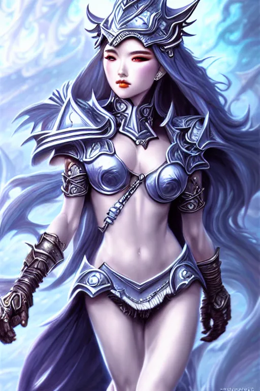 Image similar to sakimi chan, detailed face, standing, silver fantasy armor, tony sart