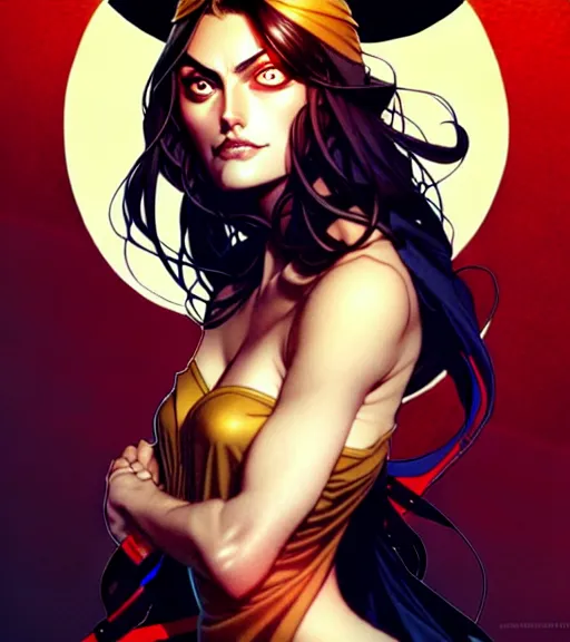 Image similar to artgerm, joshua middleton comic cover art, pretty pirate phoebe tonkin smiling, full body, symmetrical eyes, symmetrical face, long curly black hair, on a pirate ship background, warm colors