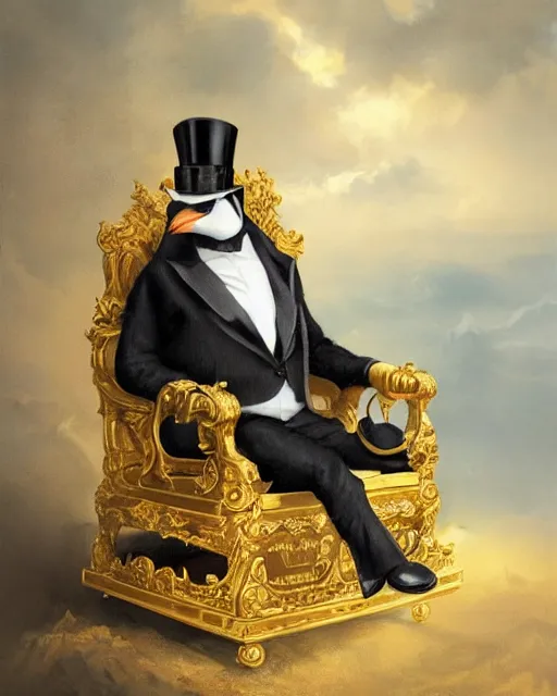 Prompt: oil painting of posh penguin wearing top hat sitting on golden throne, sharp focus, fantasy style, golden steampunk treasury backround, octane render, volumetric lighting, 8k high definition, by greg rutkowski, highly detailed, trending on art Station, magic the gathering artwork, centered