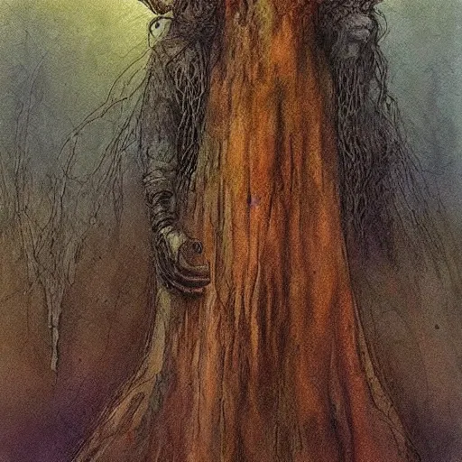 Image similar to painting in the style of artstation of a druid standing alone at the beginning of time by alan lee and brian froud