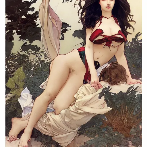 Prompt: dark-haired beauty in bikini styles by artgerm and greg rutkowski and alphonse mucha and J. C. Leyendecker and Edmund Blair Leighton and Katsuhiro Otomo and Geof Darrow and Phil hale and Ashley wood and Ilya repin and Charlie Bowater