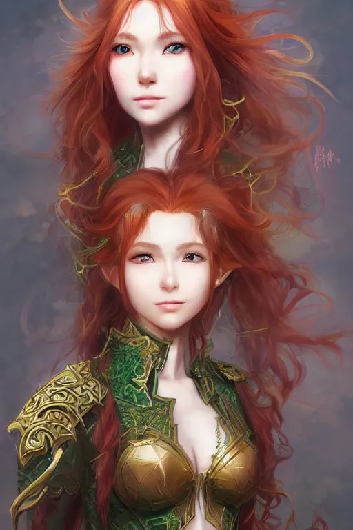 Image similar to A realistic anime portrait of long curly haired redhead female elf ranger wearing an intricate fantasy ranger outfit, asian facial features, green eyes, digital painting, by Stanley Artgerm Lau, Sakimichan, WLOP and Rossdraws, digtial painting, trending on ArtStation, SFW version