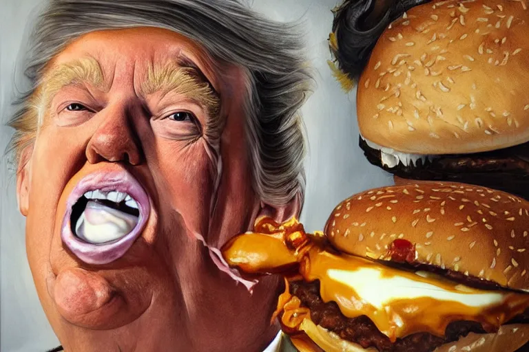 Image similar to realistic painting by jenny saville of!! donald trump!! licking a! cheeseburger!, art by jenny saville and tom bagshaw, detailed, sharp, smooth,! hamburger!