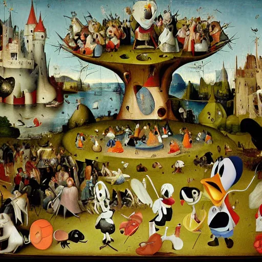 Prompt: donald duck in the garden of earthly delights by hieronymus bosch, hyper detailed.