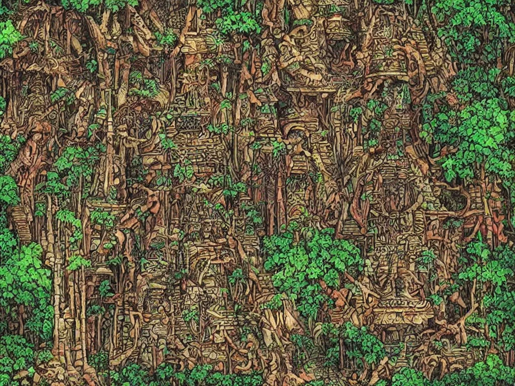 Image similar to high ancient elves house in forests in an Aztec Mayan futuristic artwork
