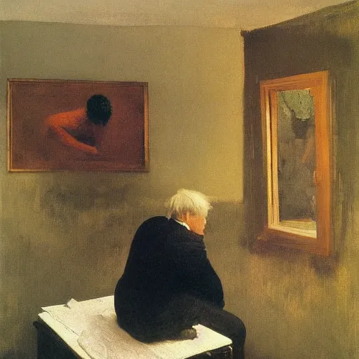 Image similar to some guy sitting in his small room looking at a computer screen. jamie wyeth greg rutkowski winslow homer thomas eakins lucian freud edward hopper j. m. w. turner edgar degas giorgio morandi peter doig oil painting