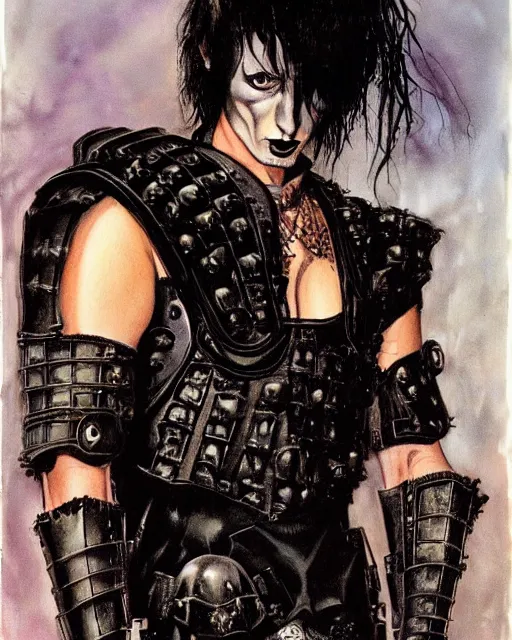 Prompt: portrait of a skinny goth punk keany reeves wearing armor by simon bisley, john blance, frank frazetta