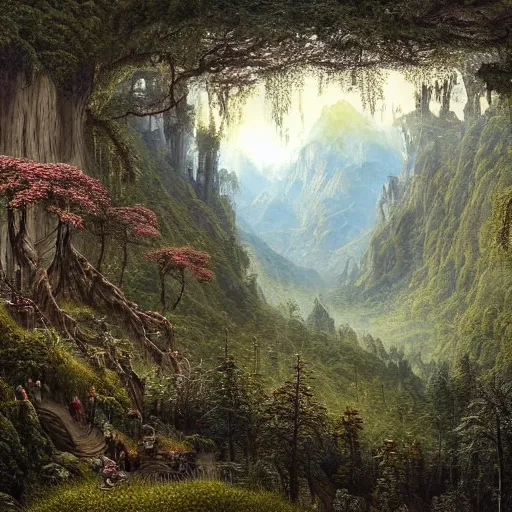 Image similar to a beautiful and highly detailed matte painting of a fantasy forest in the lush valley high in the most epic mountains ever, intricate details, epic scale, insanely complex, 8 k, sharp focus, hyperrealism, very realistic, by caspar friedrich, greg rutowski, james gurney