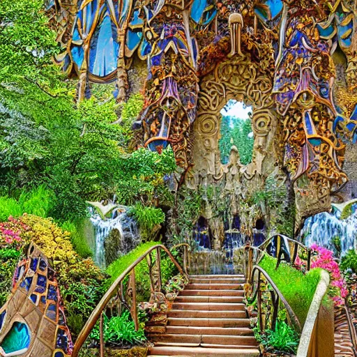 Image similar to valley village, waterfalls, flowers and intricate detailed visionary architecture and gardens by antoni gaudi, john stephens, alex gray