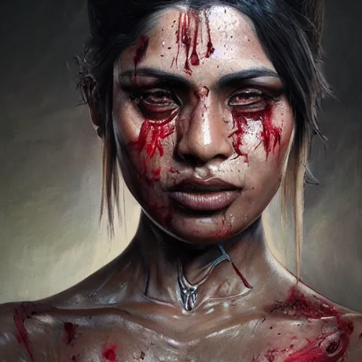 Prompt: portrait painting of a muscular bloodied indian girl butcher, tattooed, symmetric, fat, ultra realistic, concept art, intricate details, eerie, highly detailed, photorealistic, octane render, 8 k, unreal engine. art by artgerm and greg rutkowski and alphonse mucha