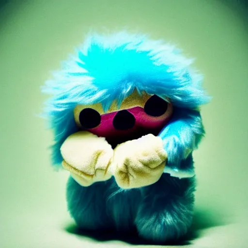 Image similar to lomography long shot of cute plush fluffy chthonic monster made to look like a baby, bokeh background, lsd colors