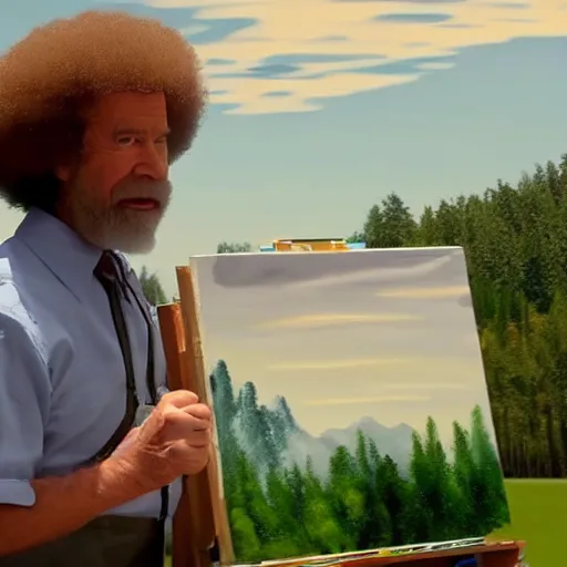Prompt: a still of Bob ross painting chemtrails in the style of bob ross