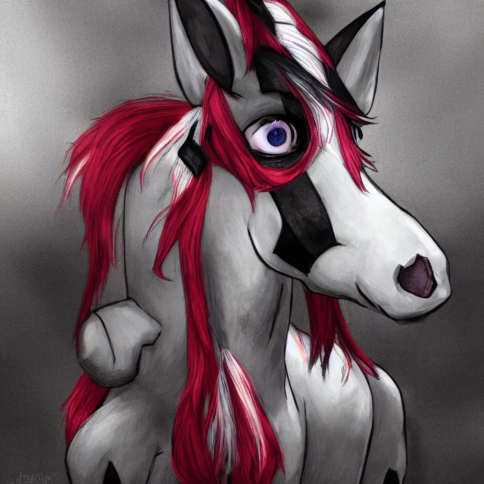 Image similar to Fallout Equestria Project Horizons | Blackjack Character Fanart | White MLP Unicorn Mare with red and black shaggy hair, and bright, robotic eyes. | Cutie Mark is: Ace and Queen of Spades | Trending on ArtStation, Digital Art, MLP Fanart, Fallout Fanart | Blackjack sitting and looking depressed at the viewer | Hyperrealistic CGI Photorealistic Cyborg Unicorn