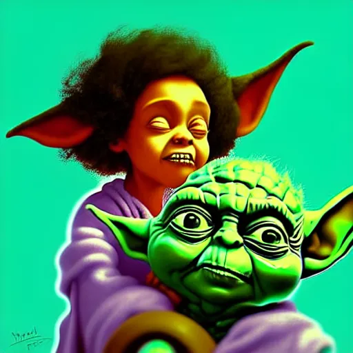 Image similar to curled perspective digital art of curly brown hair baby girl playing ball with yoda by anton fadeev from nightmare before christmas