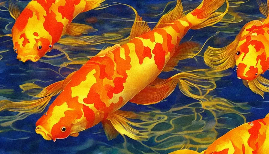 Image similar to a single golden glowing koi! fish swims in magical water with caustics and volumetric lighting, photorealistic painting
