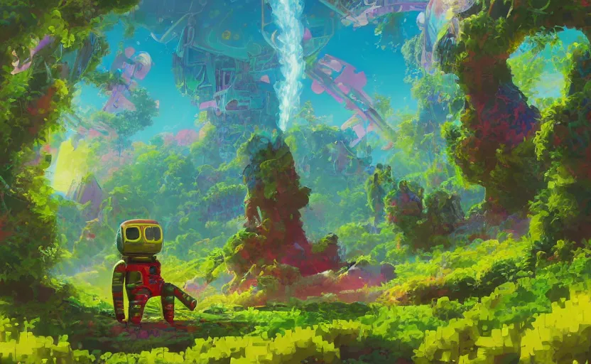 Image similar to a beautiful 8 bit painting of a cute adorable kawaii futuristic vr plastic android astronaut sitting on a lush planet of foliage, the destroyed wreckage of a crashed spaceship, steam, thick colorful smoke, ross tran, ron walotsky, greg rutkowski, trending on artstation