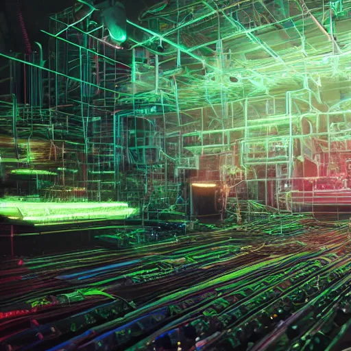 Prompt: epic scene of a large neon mechanical toad is being built by a team of people in a very creepy and dark warehouse, heaps of colored computer screens, glowing cables, dust, smoke, intricate details, ultra - realistic, 8 k, octane render, hyper realism - n 9