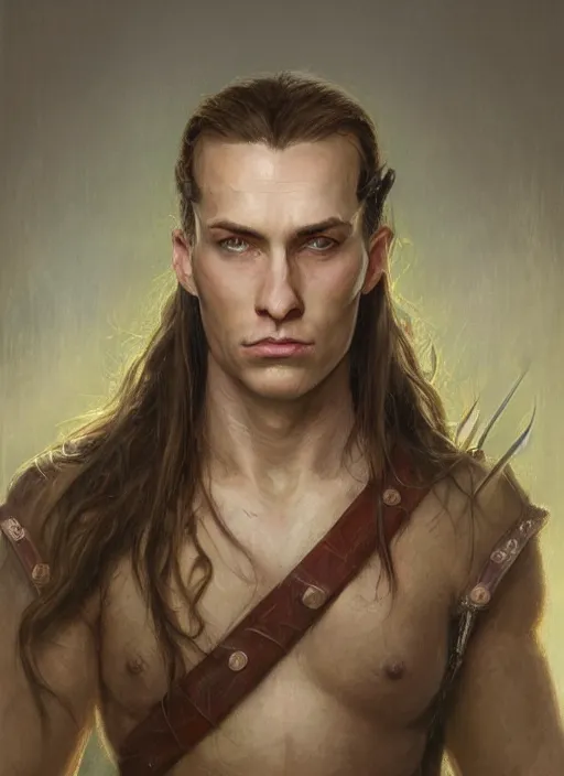 Image similar to a warrior in his twenties with long light brown hair tied back, light green eyes, a large forehead, a widows peak and a round face with high cheekbones and full lips as a realistic d & d fantasy character, portrait art by donato giancola and greg rutkowski, vintage retro, realistic face, digital art, trending on artstation