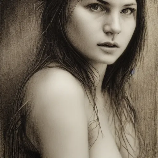 Image similar to the horned beauty, ( 1 4 5 0 ). portrait, by paul cadden. traditional pencil masterpiece on canvas. dry media. private collection. retouched face, restored