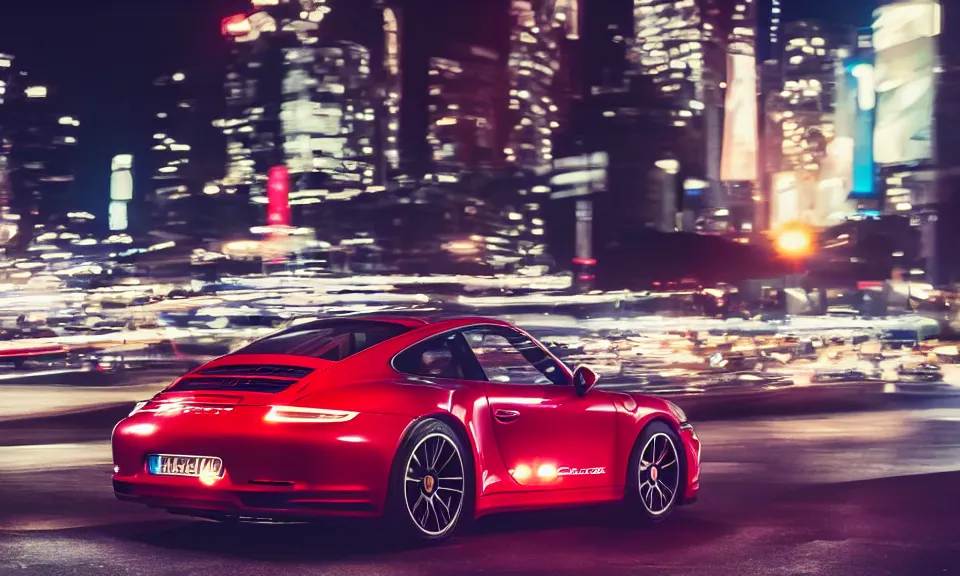 Image similar to photo of a porsche 911 at night driving fast through a city, cinematic, 4k, long exposure photography, tokyo drift, fast and furious, film still, night photography, motion blur, lens flare