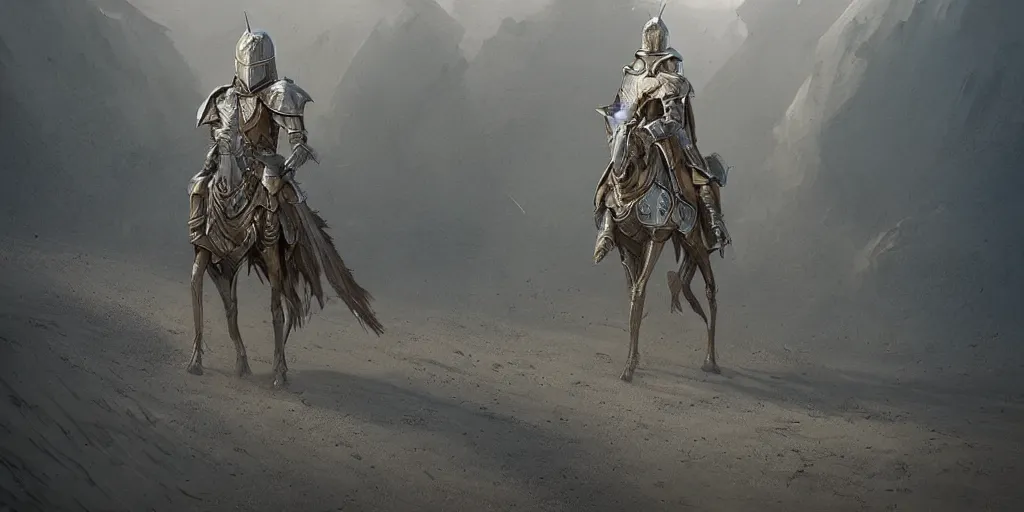 Prompt: a knight in crystal armor in the desert surrounded by sand dunes, greg rutkowski, 8 k, shallow depth of field, intricate detail, concept art,