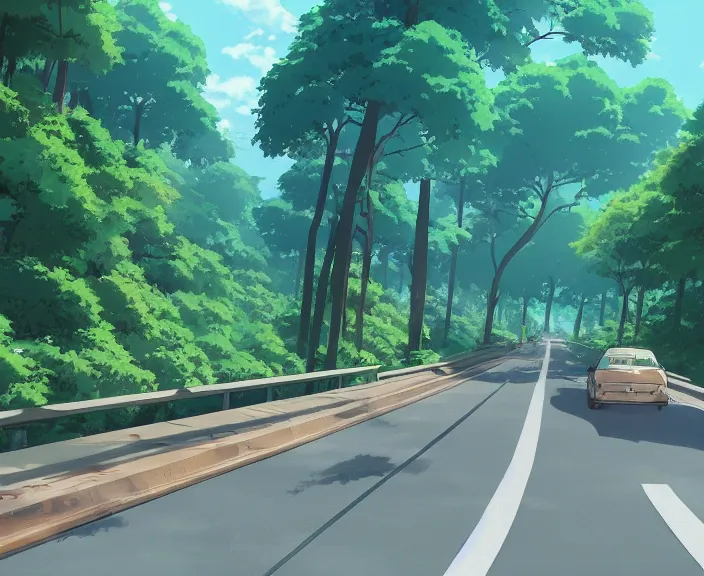 Prompt: A highway built in a forest, peaceful and serene, incredible perspective, soft lighting, anime scenery by Makoto Shinkai and studio ghibli, very detailed