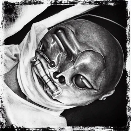 Prompt: an alien autopsy, realistic, vintage, grainy, old style photo, sepia, dark, medical lighting, masked doctors, clear alien face, grey skin