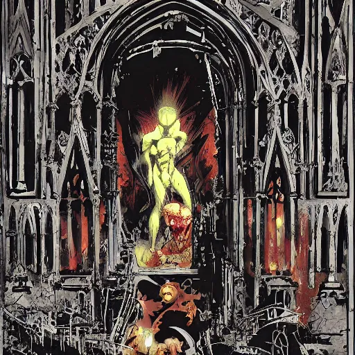 Image similar to doorway to hell in grand gothic cathedral, inner conflict, scarlet hue, tom lovell, painting, influences from mobius, ashley wood. otomo, akira, greg tocchini, mike mignola