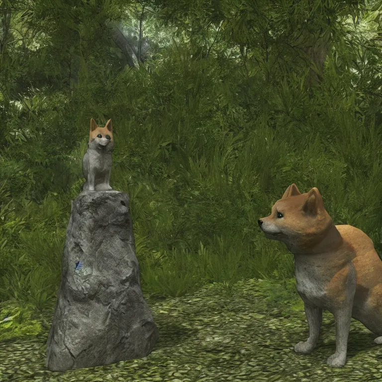 Image similar to a stone shiba inu statue in a lush forest, skyrim pc screenshot