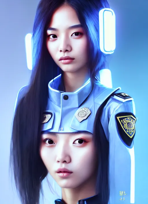 Image similar to portrait of angelababy, futuristic hong kong police uniform girl, au naturel, hyper detailed, digital art, trending in artstation, cinematic lighting, studio quality, smooth render, unreal engine 5 rendered, octane rendered, art style by klimt and nixeu and ian sprigger and wlop and krenz cushart