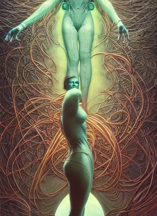 Image similar to Wanda Maximoff, dynamic pose, glowing, wires everywhere, by Edgar Maxence and Ross Tran, Zdzisław Beksiński, and Michael Whelan, distant, gustav dore, H.R. Giger, 8k, octane render