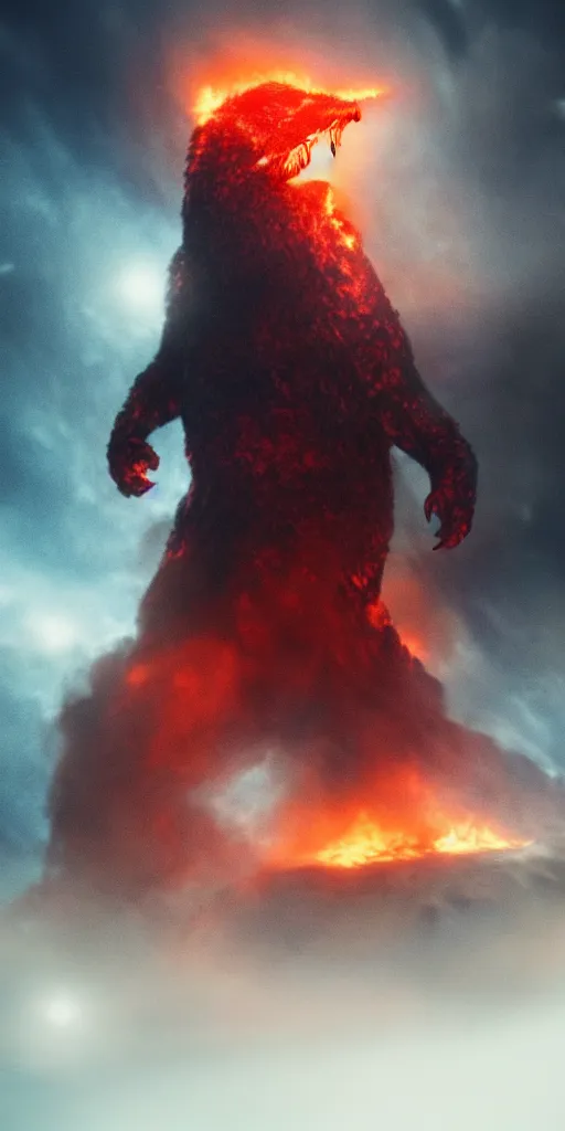 Prompt: low - resolution filmstill of a kaiju monster, fog, smoke, fire, red and blue hues, thriller, underdeveloped, flare, epic, dramatic