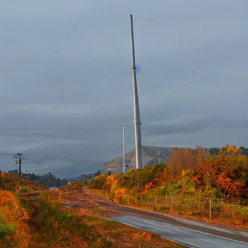 Prompt: a road next to warehouses, and a hill background with a radio tower on top, autumn