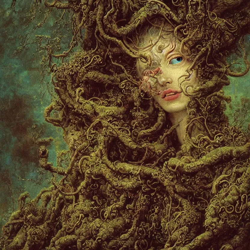 Prompt: a close - up rococo portrait of an futuristic alien elf - like creature covered in moss, mushrooms, and swamp. gloomy, 1 8 th century fantasy masterpiece painting by jean - honore fragonard, moebius, and johfra bosschart.