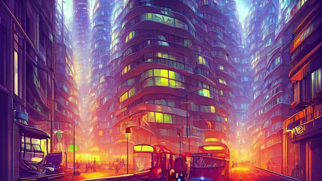 Prompt: street view of futuristic london city at night by cyril rolando and naomi okubo and dan mumford and zaha hadid. advertisements. elegant lamps. double decker bus.