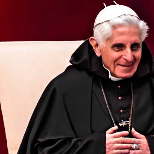 Image similar to pope benedict wearing sith cloak as chancelor palpatine in star wars episode 3, 8 k resolution, cinematic lighting, anatomically correct