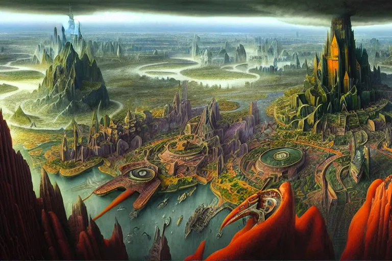 Prompt: a beautiful stunning insanely detailed complex matte painting of a magical mythical city at the edge of world by Heironymous Bosch and Jim Burns, a beautiful stunning insanely detailed complex matte painting of a magical mythical city at the edge of world by Heironymous Bosch and Jim Burns, by Noah Bradley