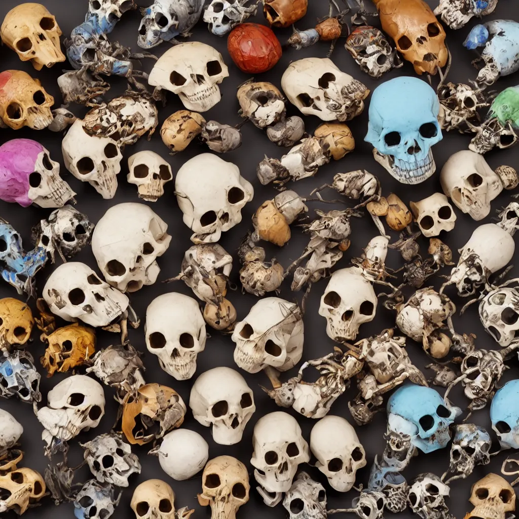 Image similar to unusual insect and animal skulls collection, made of colored porcelain, in different wooden boxes. top down photo, close macro photo. cinema 4d render , studio photo, 8k