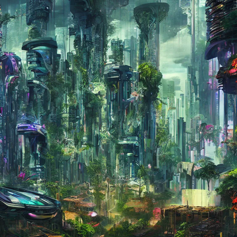 Image similar to cyberpunk visor, cyberpunk buildings in the tropical forest, wild jungles with organic housing, cyberpunk, high - quality surreal painting