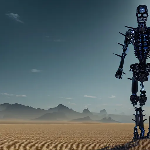 Image similar to a scary cyborg with long spikes walking in the desert, photorealistic, symmetrical 4k