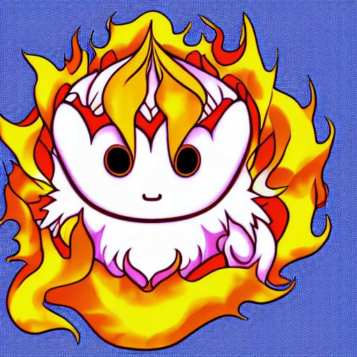 Image similar to fluffy popcorn elemental spirit anime character with a smiling face and flames for hair, sitting on a lotus flower, clean composition, symmetrical