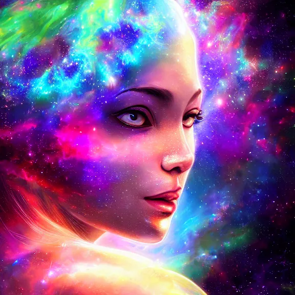 Image similar to highly detailed close up portrait of a celestial girl with a body made of cosmic energy, space background, character art, studio lightning, bright colors, intricate, masterpiece, photorealistic, hiperrealistic, sharp focus, high contrast, Artstation HQ, DeviantArt trending, 4k UHD, Unreal Engine 5